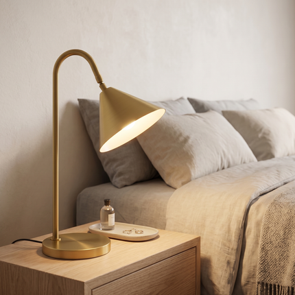 Table Lamp – Elegant Brushed Gold Cone Table Lamp with Curved Arm | Luxury Modern Reading and Office Lighting