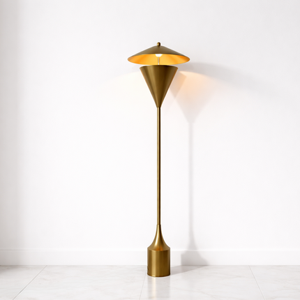 Floor Lamp in Brass Gold Color Modern Scandinavian Lamp with Floating Disc Shade and Warm Ambient Lighting for Luxury Living Room Decor