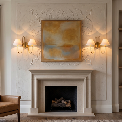 Wall Light Brushed Brass Double Arm Designer Sconce, Mid Century Modern Luxury Wall Fixture with White Linen Shades for Interiors
