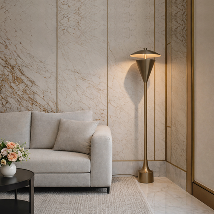 Floor Lamp in Brass Gold Color Modern Scandinavian Lamp with Floating Disc Shade and Warm Ambient Lighting for Luxury Living Room Decor