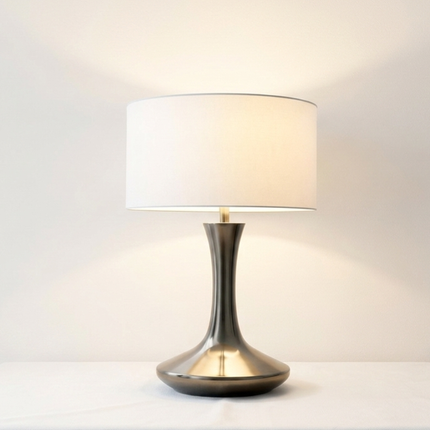 Table Lamp – Modern Metallic Silver Tulip Base Table Lamp with Large Fabric Drum Shade | Sophisticated Contemporary Interior Lighting
