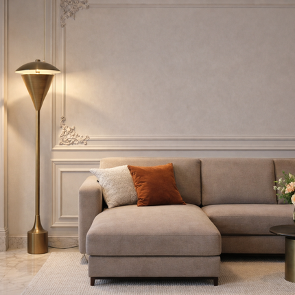 Floor Lamp in Brass Gold Color Modern Scandinavian Lamp with Floating Disc Shade and Warm Ambient Lighting for Luxury Living Room Decor