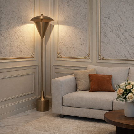 Floor Lamp in Brass Gold Color Modern Scandinavian Lamp with Floating Disc Shade and Warm Ambient Lighting for Luxury Living Room Decor