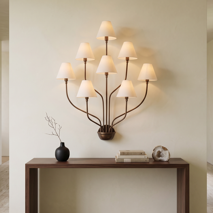 Wall Light – Luxury Antique Brass 8-Light Wall Sconce with White Fabric Shades | Wall Lighting Fixture for Living Room Bedroom Hallway Decor