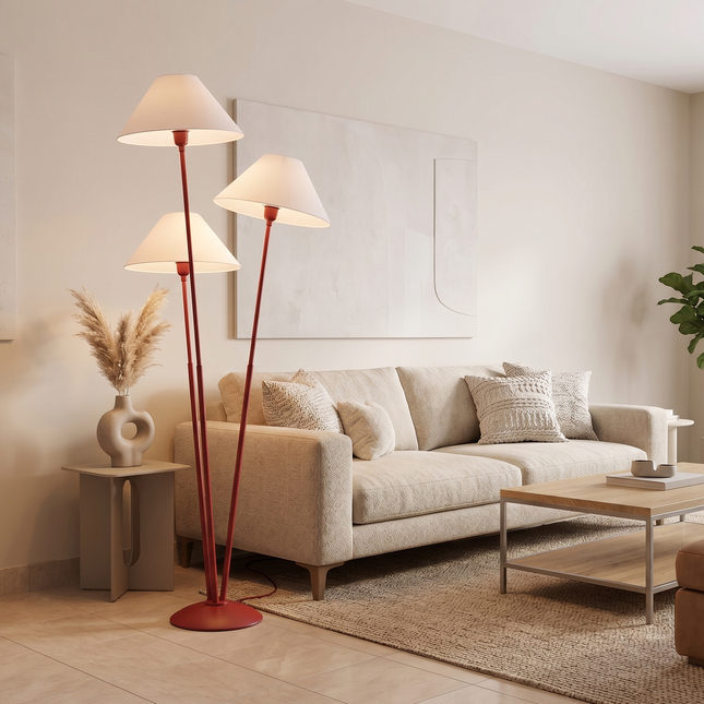 Floor Lamp Modern Red 3 Arm White Fabric Shades, Contemporary Standing Lamp for Living Room, Bedroom, Reading Nook & Designer Interior Decor