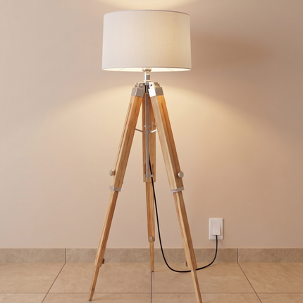 Floor Lamp with Tripod Modern Light Lamp, Natural Wood Standing Lamp, Scandinavian Nordic Living Room Light, Handmade in India
