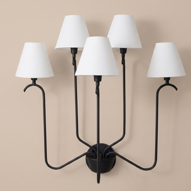 Matte Black 5 Light Wall Sconce, Modern Multi Arm Wall Lamp with White Shades, Contemporary Bedroom Living Room Lighting Fixture Décor Light