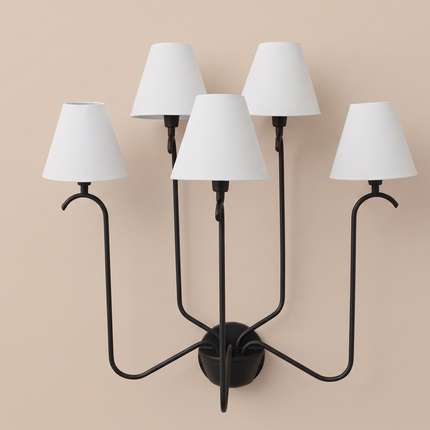 Matte Black 5 Light Wall Sconce, Modern Multi Arm Wall Lamp with White Shades, Contemporary Bedroom Living Room Lighting Fixture Décor Light