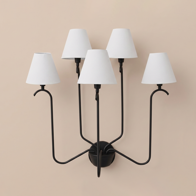 Matte Black 5 Light Wall Sconce, Modern Multi Arm Wall Lamp with White Shades, Contemporary Bedroom Living Room Lighting Fixture Décor Light