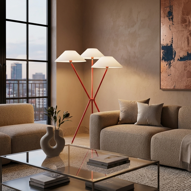 Floor Lamp Modern 3 Shade Red Metal Standing Light, Contemporary Floor Lighting for Living Room, Bedroom, Office, Artistic Statement Decor