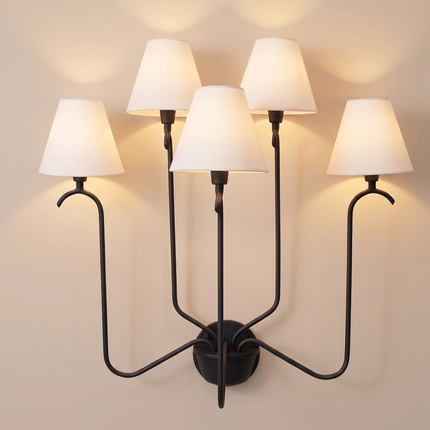Matte Black 5 Light Wall Sconce, Modern Multi Arm Wall Lamp with White Shades, Contemporary Bedroom Living Room Lighting Fixture Décor Light