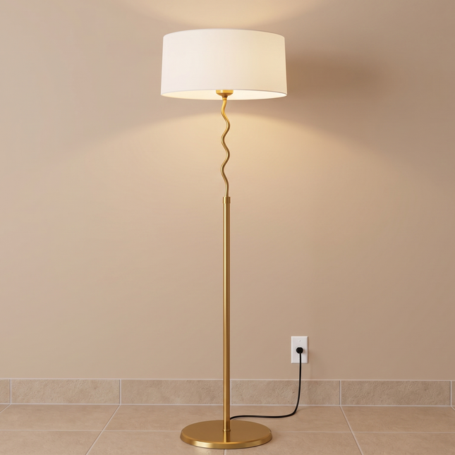 Floor Lamp Modern Gold brass White Drum Shade Wavy Stem Standing Lamp, Contemporary Living Room Floor Light, Bedroom Corner Floor Lamp Decor