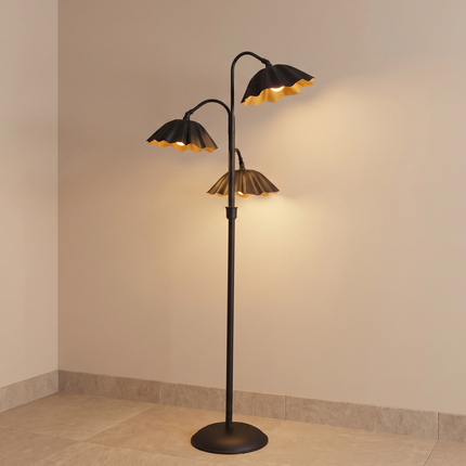 Floor Lamp with Modern Matte Black 3-Light Scalloped Metal Shades, Mid Century Modern Standing Lamp for Living Room, Bedroom Corner Decor.