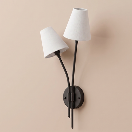 Matte Black 2 Light Wall Sconce, Double Arm Wall Lamp with White Fabric Shades, Modern Bedroom Lighting Contemporary Wall Light Elegant Home