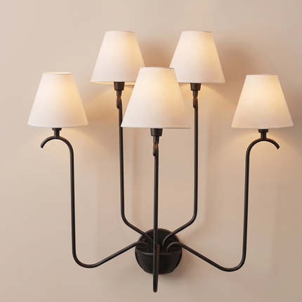 Matte Black 5 Light Wall Sconce, Modern Multi Arm Wall Lamp with White Shades, Contemporary Bedroom Living Room Lighting Fixture Décor Light