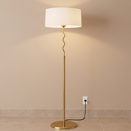 Floor Lamp Modern Gold brass White Drum Shade Wavy Stem Standing Lamp, Contemporary Living Room Floor Light, Bedroom Corner Floor Lamp Decor