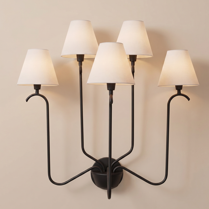 Matte Black 5 Light Wall Sconce, Modern Multi Arm Wall Lamp with White Shades, Contemporary Bedroom Living Room Lighting Fixture Décor Light