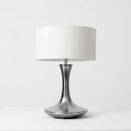 Table Lamp – Modern Metallic Silver Tulip Base Table Lamp with Large Fabric Drum Shade | Sophisticated Contemporary Interior Lighting