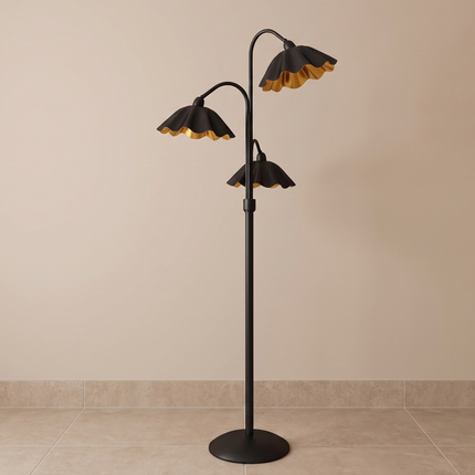 Floor Lamp with Modern Matte Black 3-Light Scalloped Metal Shades, Mid Century Modern Standing Lamp for Living Room, Bedroom Corner Decor.