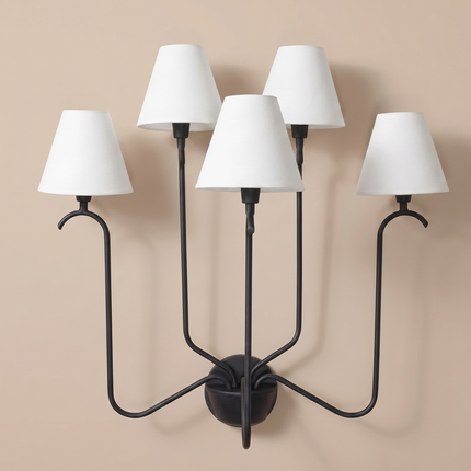 Matte Black 5 Light Wall Sconce, Modern Multi Arm Wall Lamp with White Shades, Contemporary Bedroom Living Room Lighting Fixture Décor Light