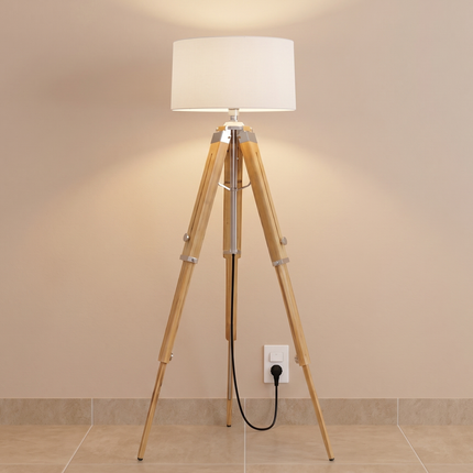 Floor Lamp with Tripod Modern Light Lamp, Natural Wood Standing Lamp, Scandinavian Nordic Living Room Light, Handmade in India