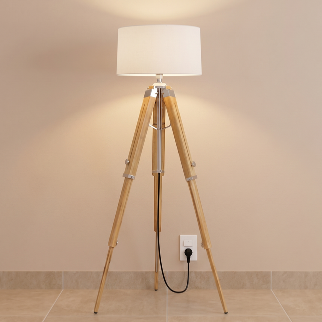 Floor Lamp with Tripod Modern Light Lamp, Natural Wood Standing Lamp, Scandinavian Nordic Living Room Light, Handmade in India