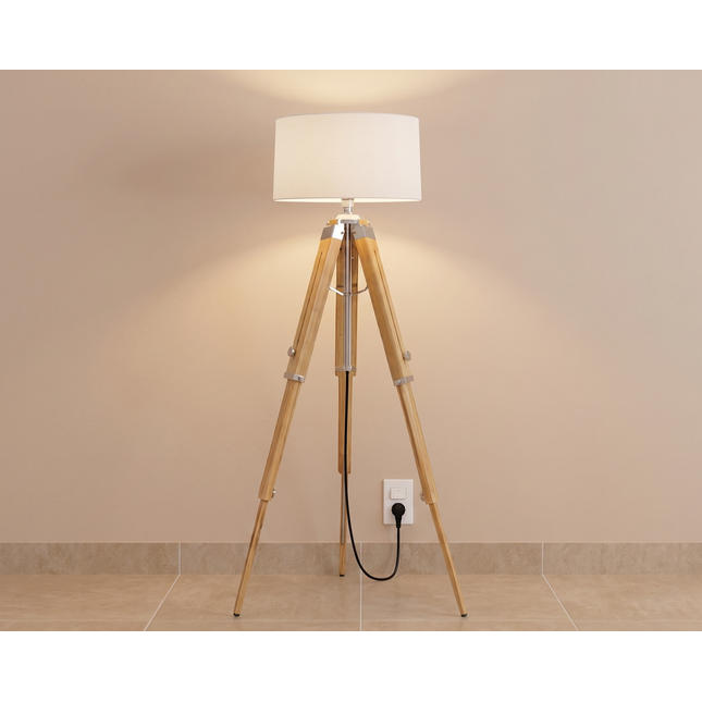 Floor Lamp with Tripod Modern Light Lamp, Natural Wood Standing Lamp, Scandinavian Nordic Living Room Light, Handmade in India