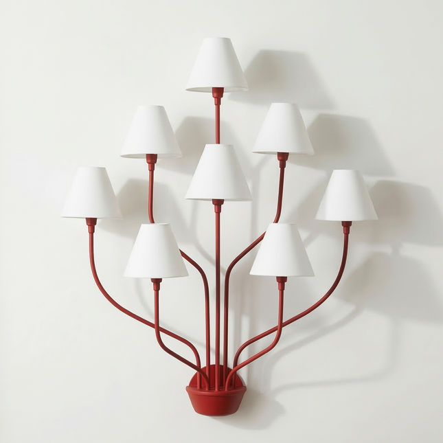 Wall Light – Bold Modern Red 8-Light Designer Wall Sconce with White Fabric Lampshades. Statement Wall Lighting Fixture for Luxury Interiors