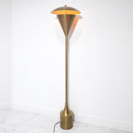 Floor Lamp in Brass Gold Color Modern Scandinavian Lamp with Floating Disc Shade and Warm Ambient Lighting for Luxury Living Room Decor