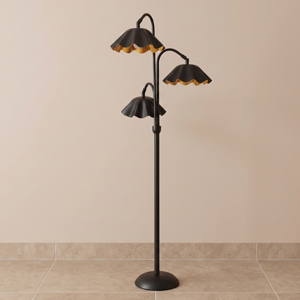 Floor Lamp with Modern Matte Black 3-Light Scalloped Metal Shades, Mid Century Modern Standing Lamp for Living Room, Bedroom Corner Decor.