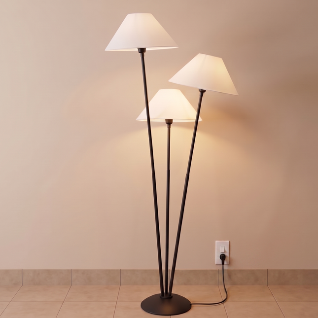 Floor Lamp with Matte Black 3-Light with White Cone Shades, Contemporary Standing Lamp for Living Room, Bedroom, Reading Nook & Lounge Decor