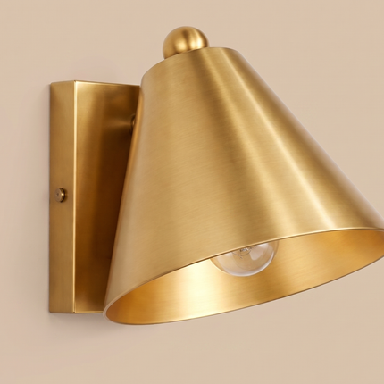 Gold Brass Wall Sconce, Modern Cone Wall Lamp, Mid Century Bedroom Light, Handmade Metal Wall Light, Bedside Light cone-shaped metal shade.