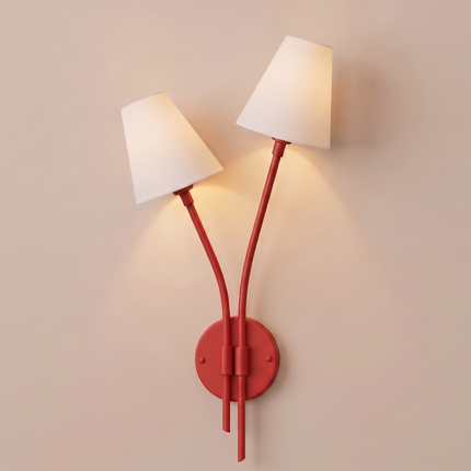 Wall Light Matte Red Designer Double Arm Sconce, Scandinavian Modern Wall Fixture with Elegant Cone Shades for Luxury Interior Styling
