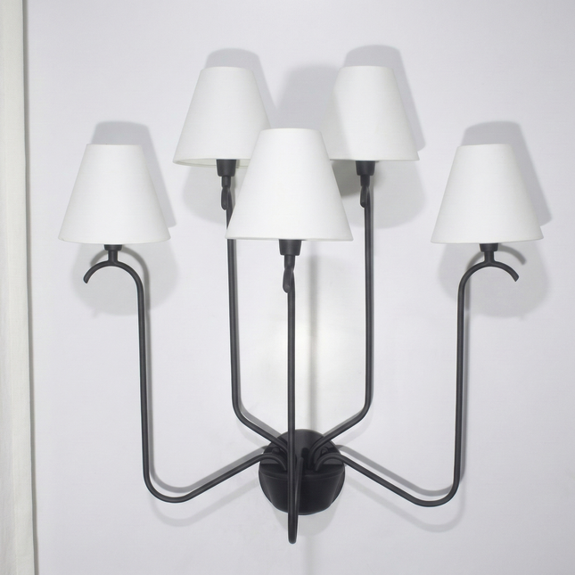 Wall Light Modern Matte Black Five Arm Fixture, Luxury Multi Shade Wall Lamp with Elegant White Fabric Shades for Living Room & Bedroom