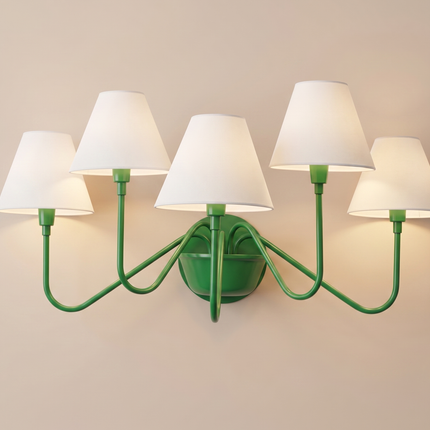 Green 5 Light Wall Sconce, Modern Green Wall Lamp with White Shades, Statement Wall Lighting, Contemporary Bedroom and Living Room Light
