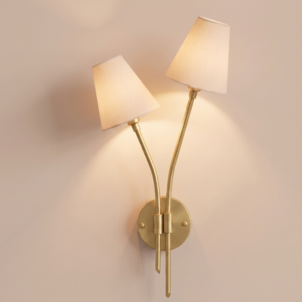 Gold Brass Double Wall Sconce, Elegant 2 Light Wall Lamp with White Shades, Luxury Bedroom Living Room Lighting Fixture Wall Décor for Home