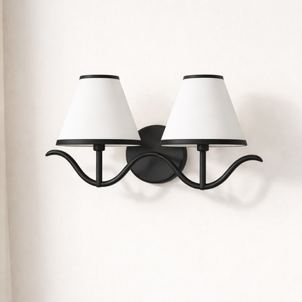 Wall Sconce Modern Curved Arm Double , Black Wall Lamp with White Shades, Bedside Reading Light, Living Room and Entryway Decor