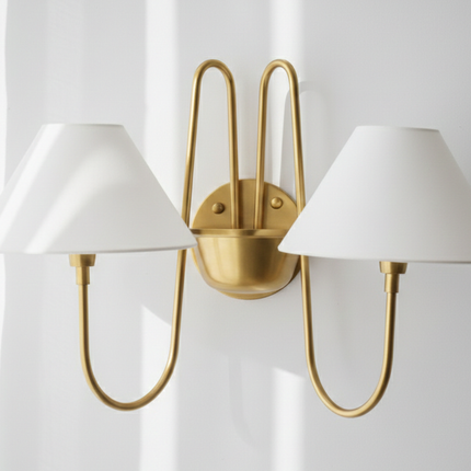 Wall Light Brushed Brass Double Arm Designer Sconce, Mid Century Modern Luxury Wall Fixture with White Linen Shades for Interiors