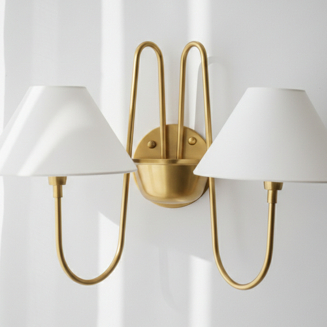 Wall Light Brushed Brass Double Arm Designer Sconce, Mid Century Modern Luxury Wall Fixture with White Linen Shades for Interiors
