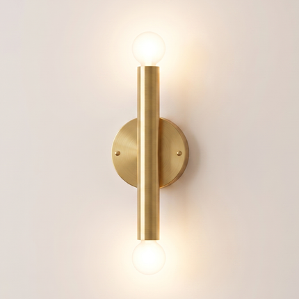 Wall Sconce Gold Double Bulb Lighting Fixture – Minimalist Brass Wall Lamp for Bedroom, Living Room, Hallway, Staircase & Interior Decor.