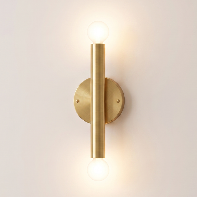 Wall Sconce Gold Double Bulb Lighting Fixture – Minimalist Brass Wall Lamp for Bedroom, Living Room, Hallway, Staircase & Interior Decor.