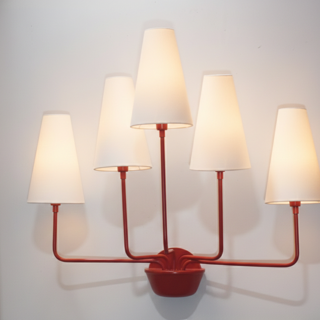 Wall Light – Modern Red 5-Light Minimalist Wall Sconce with Tall White Fabric Shades | Lighting Fixture for Living Room Bedroom Hallway
