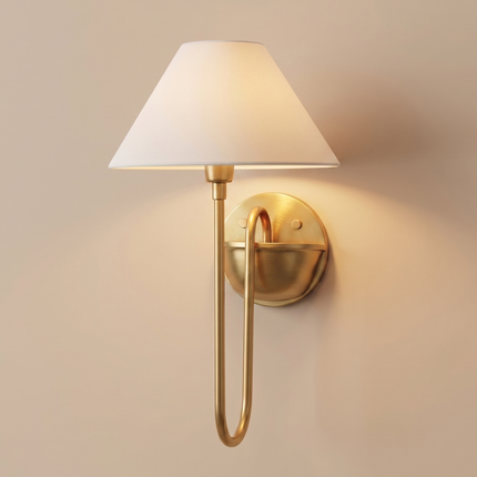 Gold Brass Wall Sconce, Modern Brass Wall Light, Bedroom Sconce, Curved Arm Lamp, Fabric Shade, Mid Century Lighting, Elegant Home Décor
