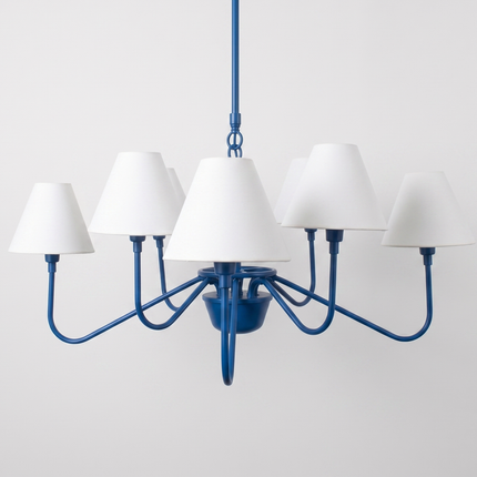 Modern Blue 8 Light Chandelier with White Fabric Shades | Contemporary Ceiling Pendant Light for Dining Room & Living Room