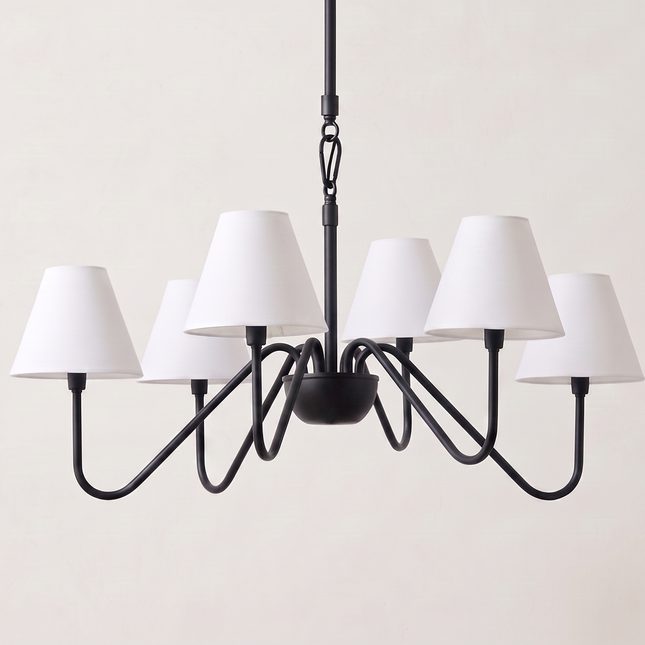 Matte Black Light Chandelier with White Linen Shades | Modern Ceiling Hanging Light Fixture for Dining Room & Kitchen Island