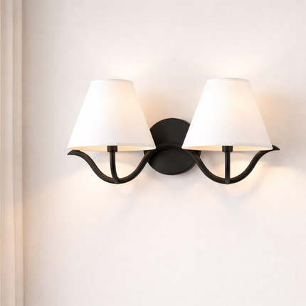 Wall Sconce with Modern Black Double White Fabric Shades, Bedroom Bedside Wall Lamp, Living Room, Hallway, Bathroom Vanity Light Fixture
