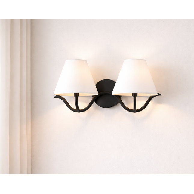 Wall Sconce with Modern Black Double White Fabric Shades, Bedroom Bedside Wall Lamp, Living Room, Hallway, Bathroom Vanity Light Fixture