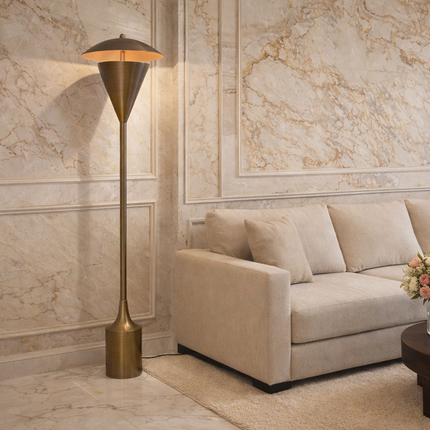 Floor Lamp in Brass Gold Color Modern Scandinavian Lamp with Floating Disc Shade and Warm Ambient Lighting for Luxury Living Room Decor