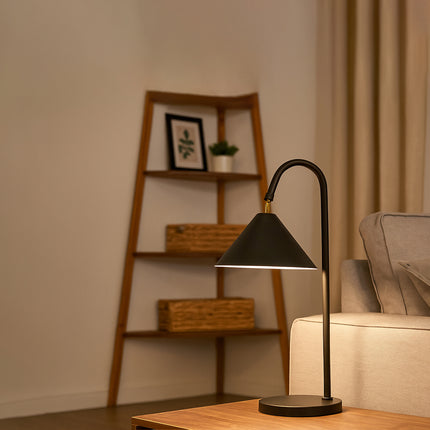 Table Lamp – Contemporary Matte Black Cone Table Lamp with Curved Neck Design | Minimal Modern Desk Lighting