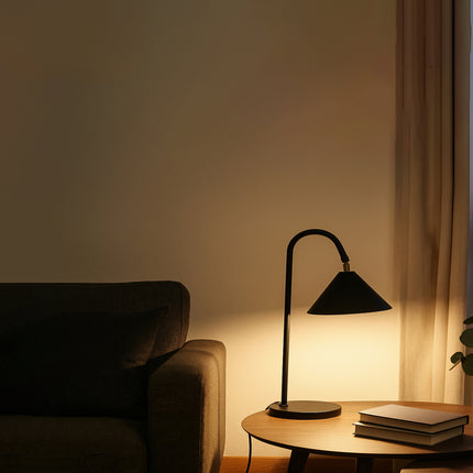 Table Lamp – Contemporary Matte Black Cone Table Lamp with Curved Neck Design | Minimal Modern Desk Lighting